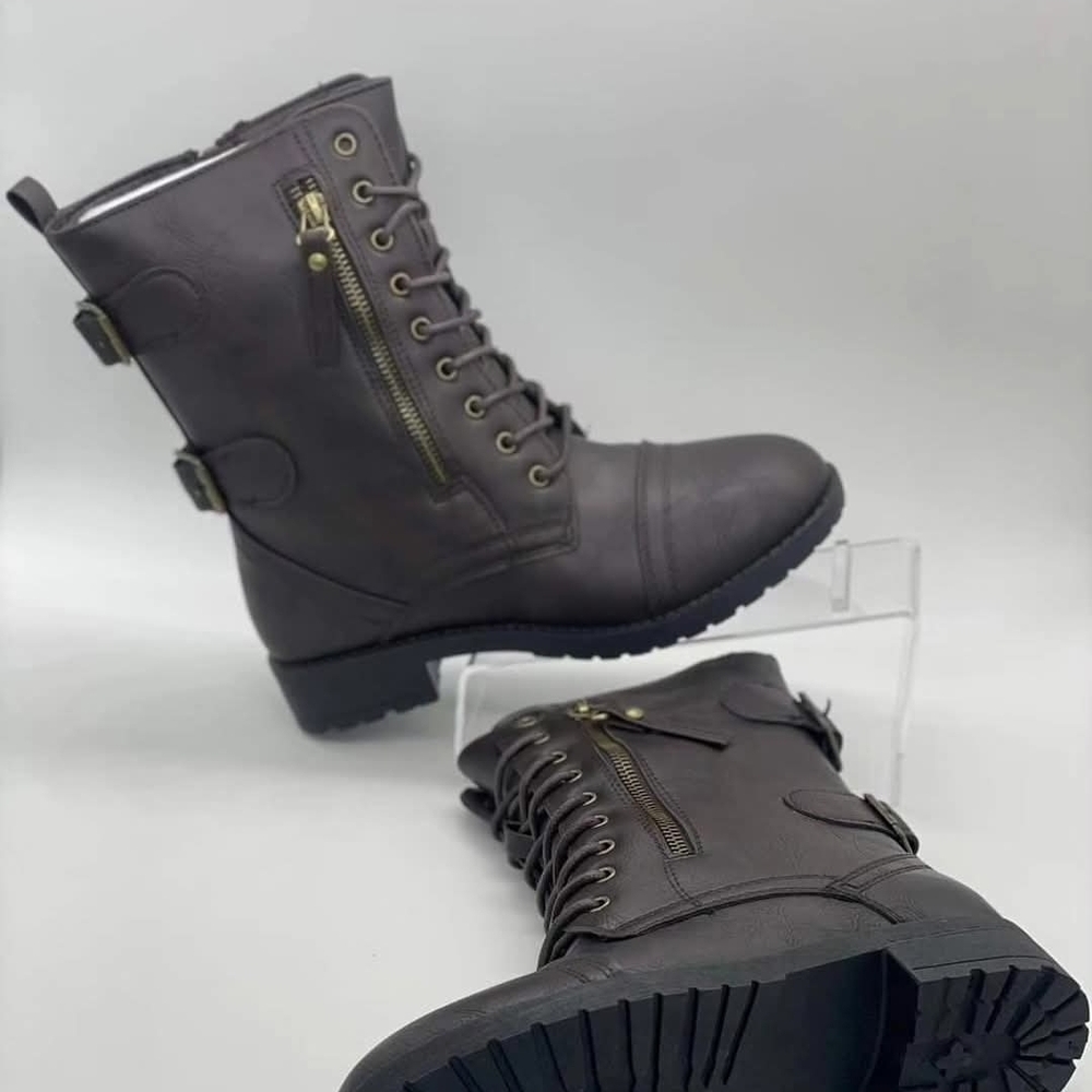 Women’s Dark Brown Lace-Up Combat Boots with Side Zipper